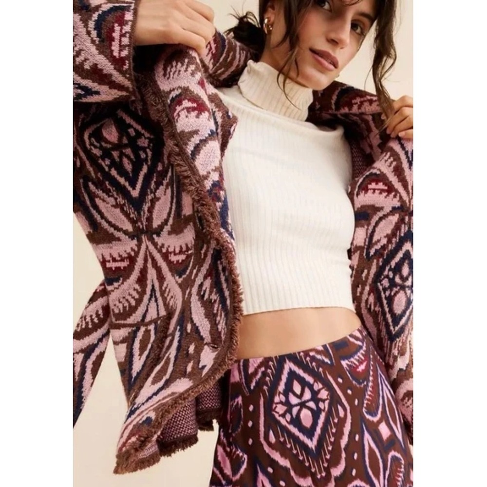Farm Rio Pineapple Ikat Knit Sweater Cardigan Blazer Sz Large‎ Fringe Paisley
